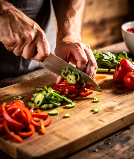 mains préparant des aliments sur un plan de travail en cuisine avec lumière naturelle