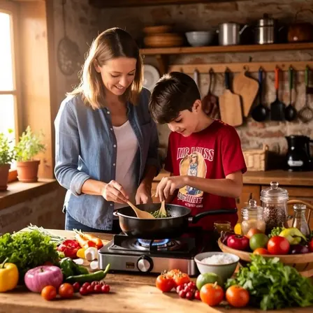 femme apprenant la cuisine traditionnelle française dans une cuisine chaleureuse et lumineuse