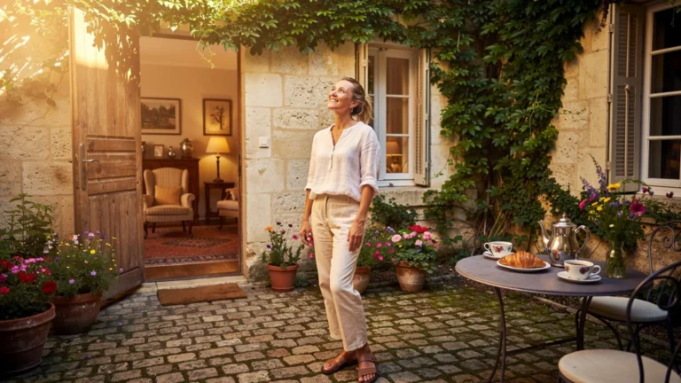 Jeune femme émerveillée dans une charmante chambre d'hôtes authentique à Saulieu, Bourgogne