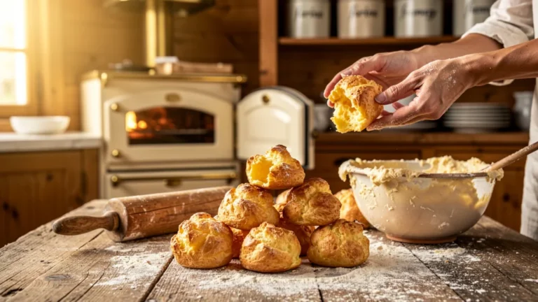 Gougères maison dorées et croustillantes sur une table en bois dans une cuisine française chaleureuse