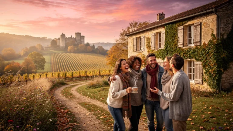 Gîte en Auxois en automne avec amis heureux dans paysage rural pittoresque au coucher du soleil