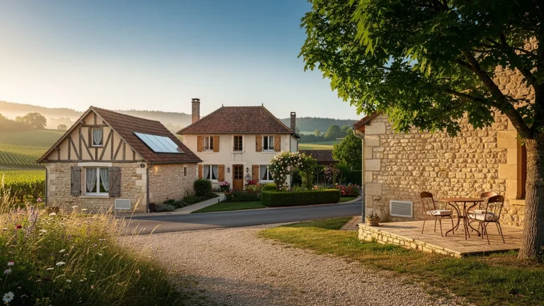 Trois gîtes traditionnels entre Beaune et Vézelay en juin, atmosphère estivale avec lumière naturelle et détails architecturaux