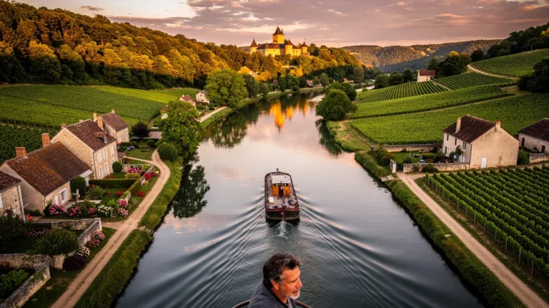 Vue aérienne hyper-réaliste de la boucle du canal de Bourgogne prise à l’envers au coucher du soleil