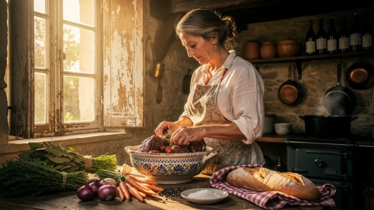 Cuisinière à Nolay préparant un bœuf bourguignon mariné traditionnel dans une cuisine rustique authentique