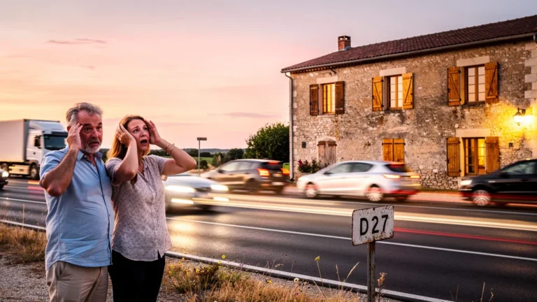 Photo réaliste d’un gîte rural à 450€ près d’une route départementale bruyante, déception visible