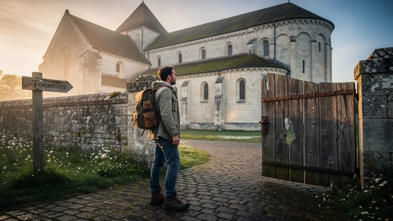 Voyageur devant l’abbaye de Fontenay à Tonnerre, séjour imprévu de trois nuits sans réservation