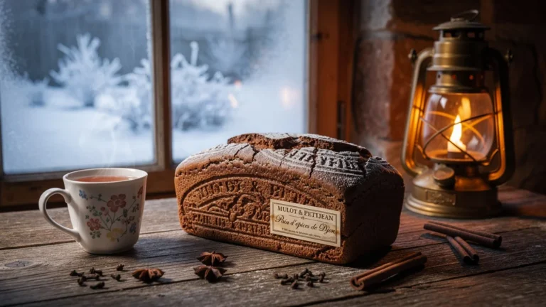 Pain d'épices Mulot & Petitjean Dijon sur table en bois, ambiance hivernale chaleureuse et rustique