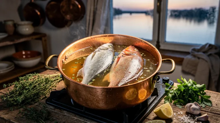 Pochouse avec deux poissons différents pochés simultanément dans un bouillon de Saône traditionnel