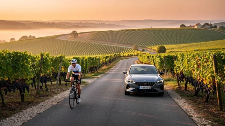 Route des Grands Crus en Bourgogne avec voiture et cycliste au coucher du soleil pour premier séjour