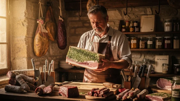 Boucher d’Avallon montrant un jambon persillé maison reposant dans sa boutique traditionnelle