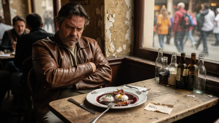 Photo hyperréaliste d’œufs en meurette ratés dans un bistrot touristique à 80€