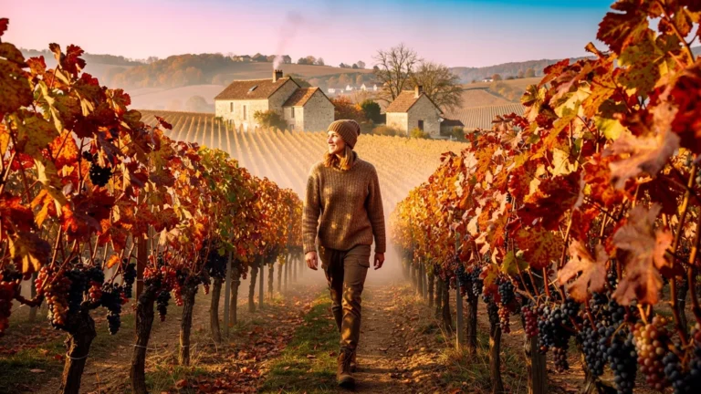 Balade automnale dans les vignes de Pommard avec feuillage rouge et raisin mûr sous lumière dorée