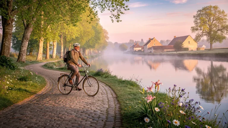 Cycliste au lever du jour sur le canal du Nivernais pour un séjour tranquille à vélo