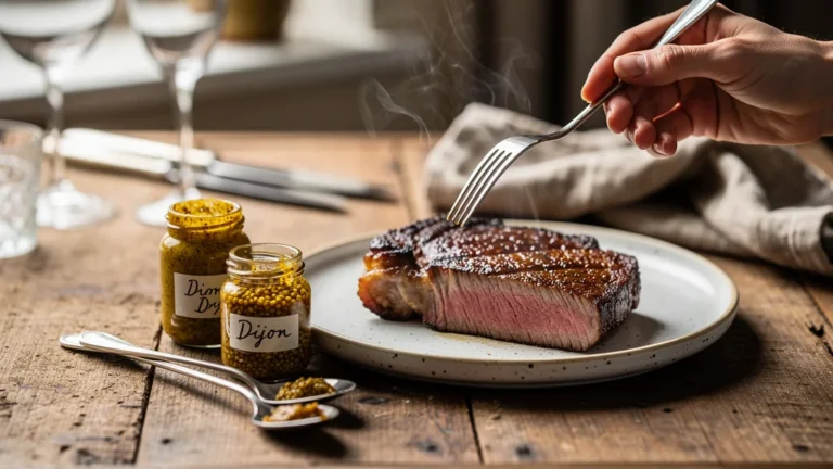 Dégustation à l'aveugle de deux moutardes artisanales de Dijon sur une viande chaude et savoureuse