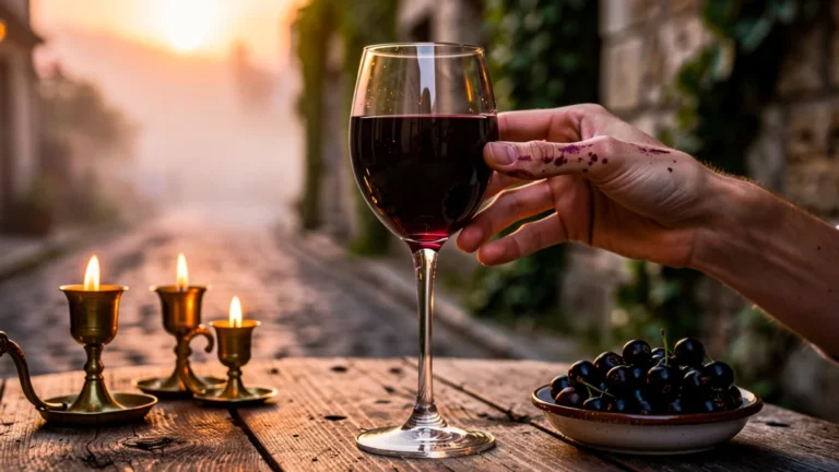Kir au vrai cassis de Nuits posé sur une table en bois dans un cadre apéritif français élégant au crépuscule