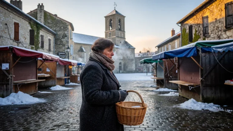 Marché de Châtillon désert un dimanche d'hiver, fermé avant midi, ambiance froide et matin calme