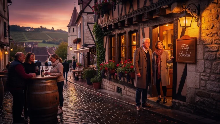 Scène réaliste d’un soir de vendanges à Beaune avec un restaurant complet et visiteurs déçus