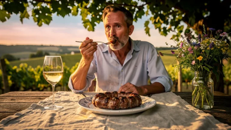 Photo réaliste d’une andouillette de Chablis dégustée en plein air, revisitant les a priori sur ce plat traditionnel
