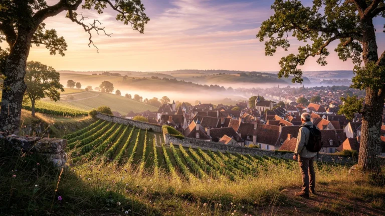 Vue matinale hyperréaliste des toits de Beaune depuis les Hautes-Côtes avec vignobles et lumière dorée