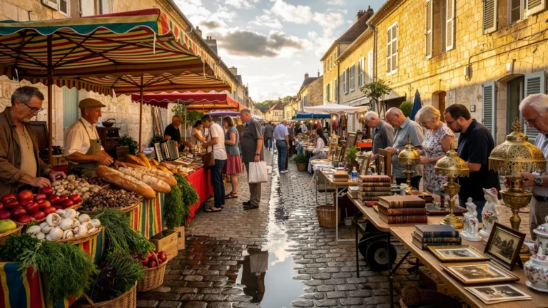 Scène réaliste d’un dimanche au marché de Beaune et brocante de Châtillon, ambiance authentique et choix entre deux marchés