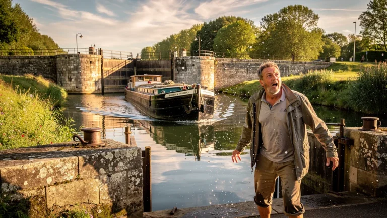 Homme éclaboussé par une péniche lente entre les écluses sur le canal du Nivernais