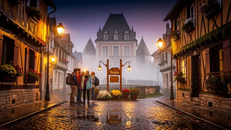Scène hyper-réaliste d'une rue de Beaune en septembre, sans réservation, ambiance automnale et lumière dorée