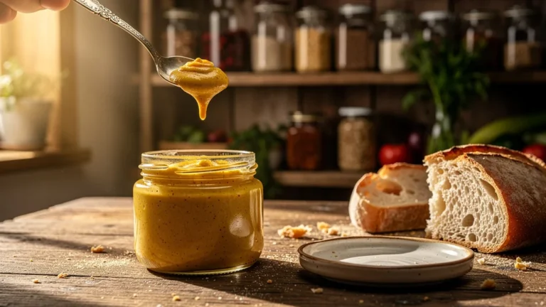 Cuillère de moutarde de Dijon artisanale avec pot sur table en bois, ambiance chaleureuse et authentique