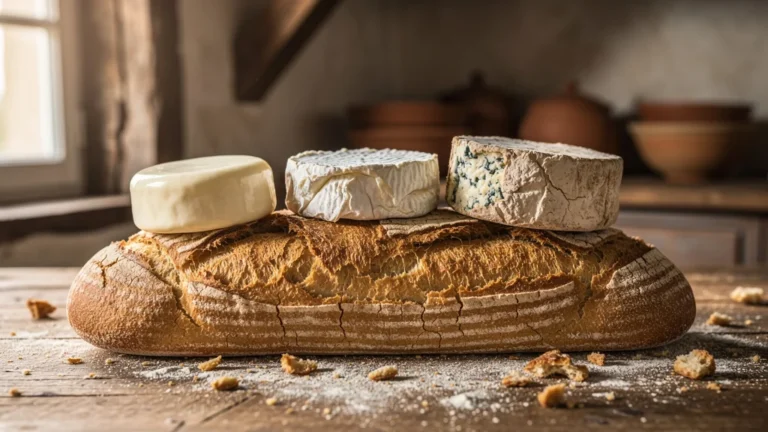 Quatre fromages de chèvre du Mâconnais posés sur un pain de campagne rustique affiné deux semaines