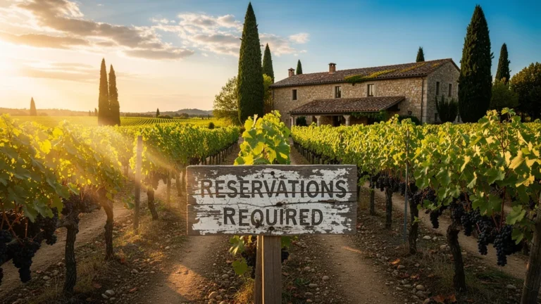 Vignoble en pleine vendange avec panneau réservation, symbolisant 90 € de dégustation perdus faute de réservation