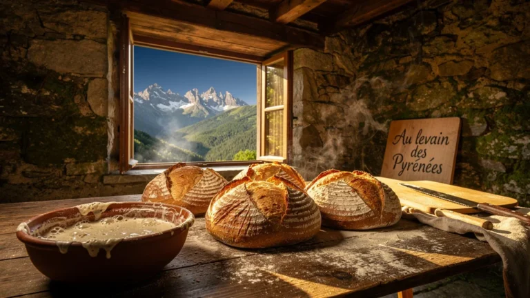 Pain au levain traditionnel des Pyrénées dans une cuisine rustique éclairée par la lumière du matin
