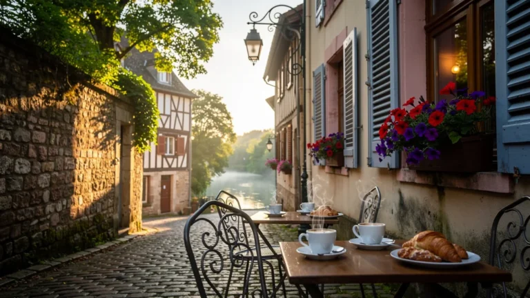 Paysage matinal hyper-réaliste de Castelblangeois, rues pavées et café pittoresque aux couleurs douces
