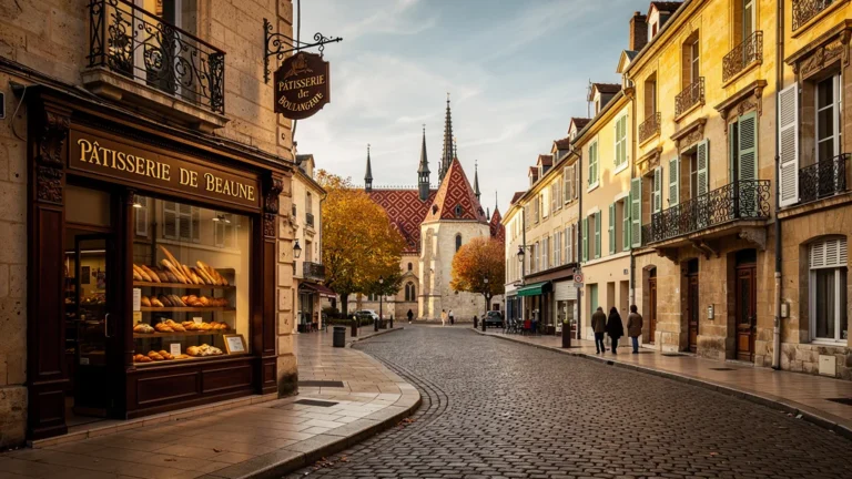 Vue ultra-réaliste du centre-ville historique de Beaune avec ses bâtiments en pierre et ruelles pavées