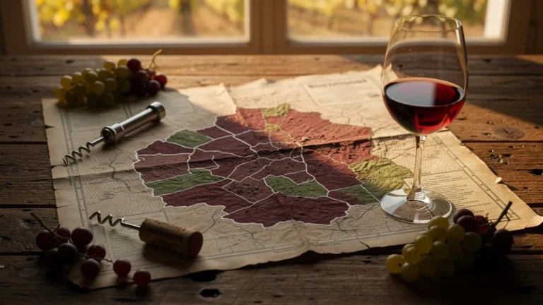 Carte vignoble Bourgogne détaillée sur table en bois avec verre de vin rouge et grappes de raisin