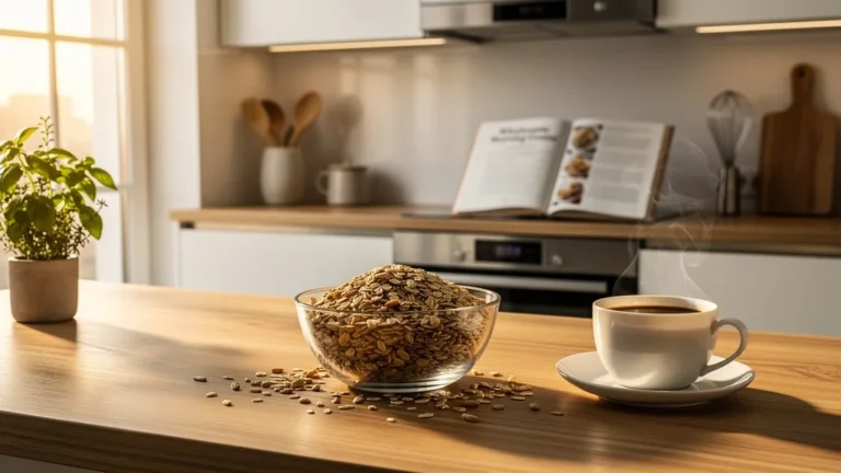 Cuisine moderne lumineuse avec céréales Cerelia en bol transparent, ambiance chaleureuse et détails ultra-réalistes