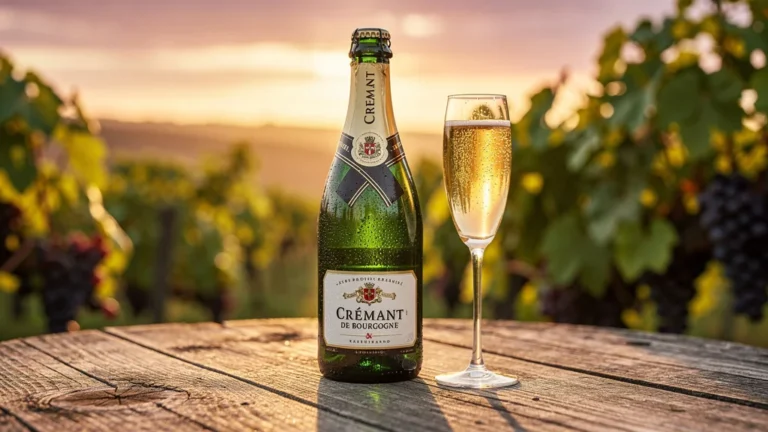 Bouteille de Crémant de Bourgogne avec flûte et raisins, ambiance champêtre et lumière dorée