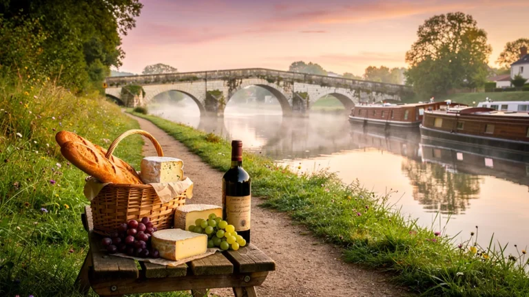 Scène matinale réaliste du canal de Bourgogne avec haltes gourmandes et ambiance paisible à pied