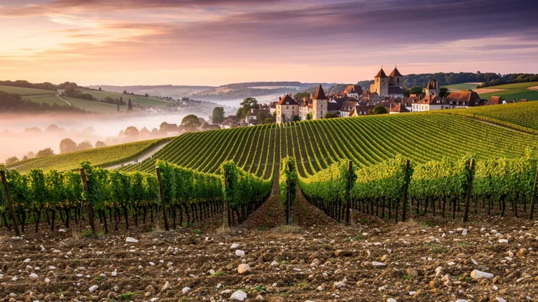 Paysage photoréaliste des vignobles de la Haute Côte de Beaune au coucher du soleil, terroir d’exception