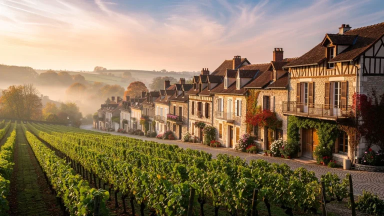 Paysage hyper-réaliste de villages similaires sur la route des grands crus en Bourgogne au coucher du soleil