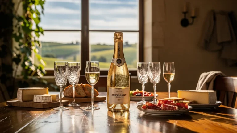 Bouteille de Crémant de Bourgogne élégamment mise en scène dans une salle de dégustation lumineuse avec accords gourmets