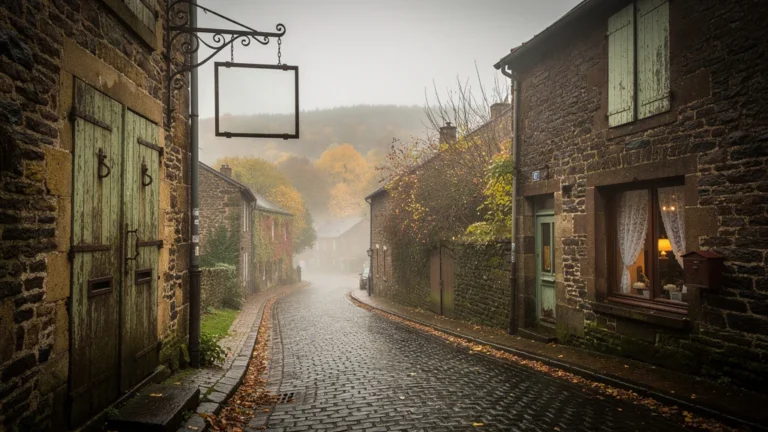 Paysage automnal du Morvan hors saison avec portes closes et ambiance mélancolique