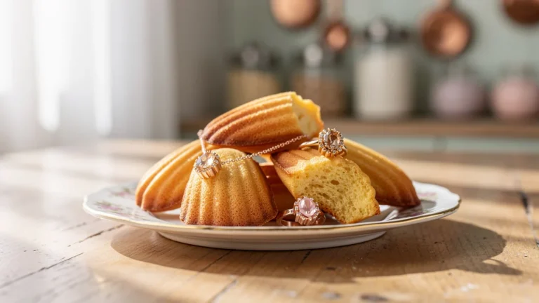Gros plan ultra-réaliste de madeleines et bijoux assortis sur table en bois éclairée naturellement