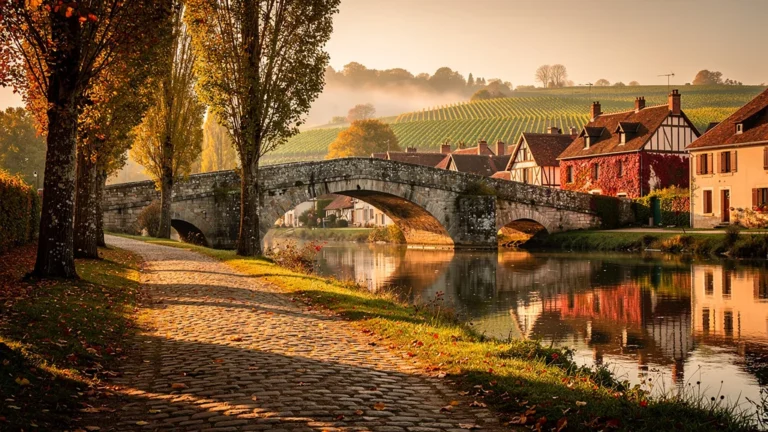 Paysage d’automne hyper-réaliste à Pouilly-en-Auxois avec pont en pierre et village traditionnel au coucher du soleil