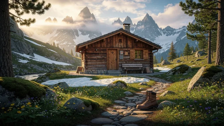 Refuge du Tornieux en montagne, paysage naturel après trois nuits, ambiance paisible et lumière dorée