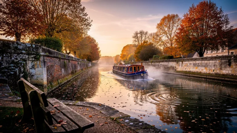 Paysage hyperréaliste du canal de Pouilly-en-Auxois au coucher du soleil en automne en Bourgogne